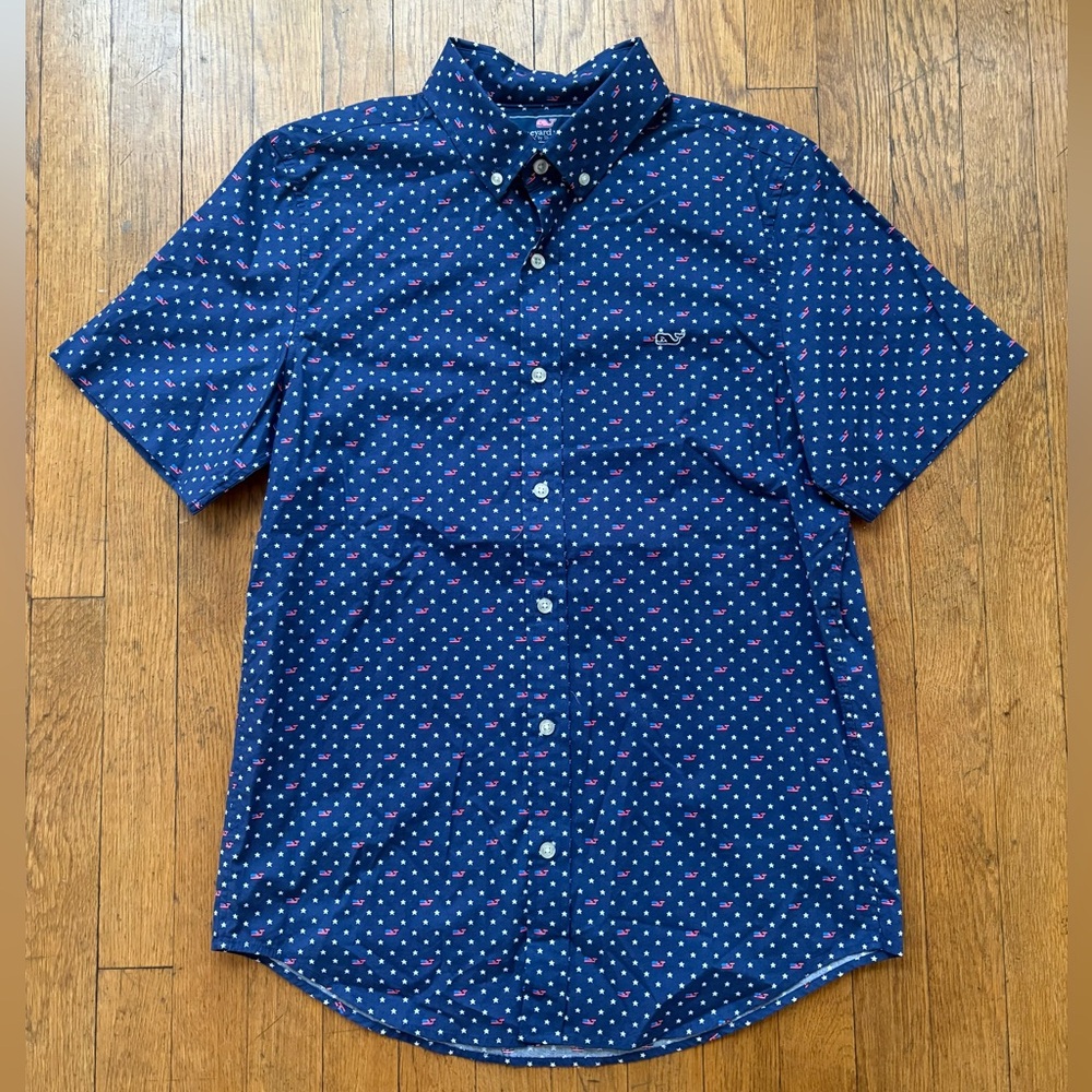 Vineyard Vines Men's Slim Fit Whale Shirt Stars & Whales Print Blue Medium 🇺🇸